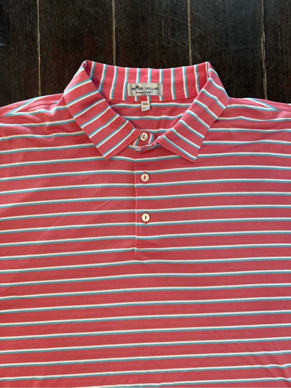 Peter Millar Summer Comfort Polo Men XXL Coral Pink Aqua Stripe Golf Shirt